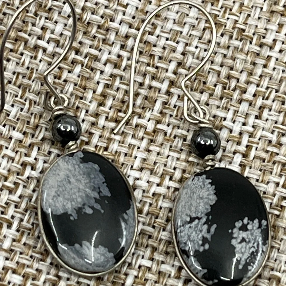 Handmade Vintage 1990's Snowflake Obsidian & Black Pearl Earrings - Picture 10 of 16